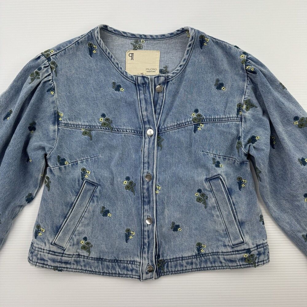 Pilcro Anthropologie Collarless Embroidered Denim Swing Jacket Women's S Floral - Picture 2 of 11